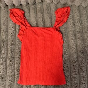 Red Ruffled Strap Ribbed Tank Top
